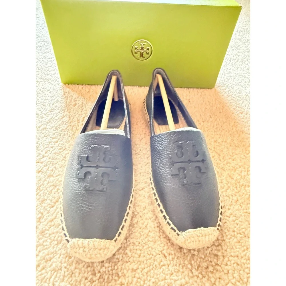Tory Burch Stitch Logo Leather Espadrille Perfect Black Pebbled Flat 181312 6